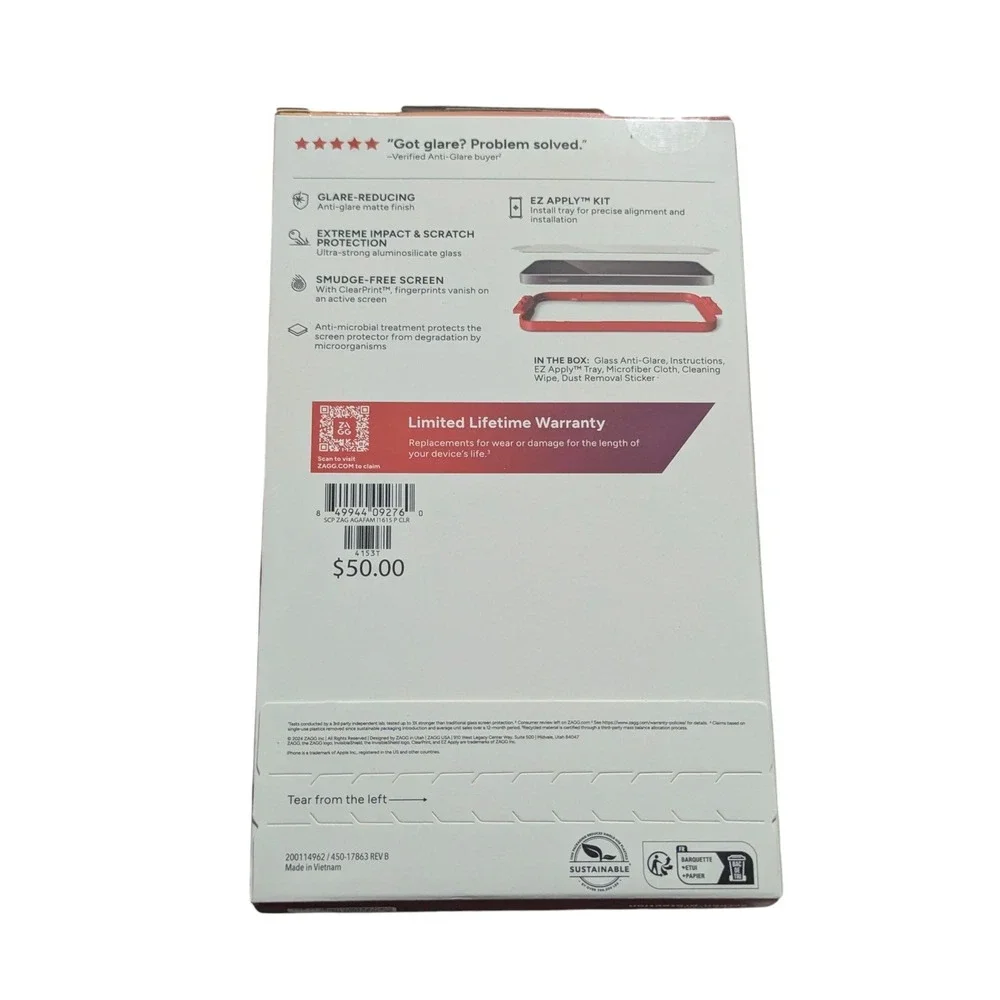 X8-N ZAGG Invisible Shield Glass Anti-Glare Screen Protect iPhone 15, 15 Pro, 16